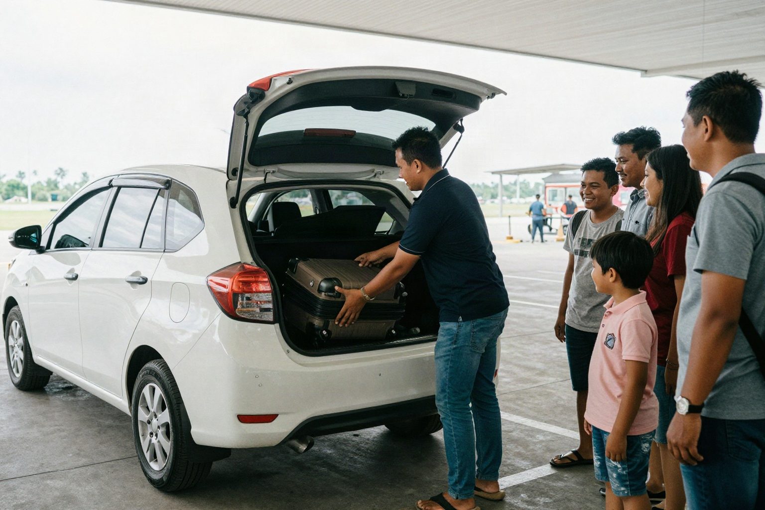 Pengemudi membantu keluarga memasukkan koper
